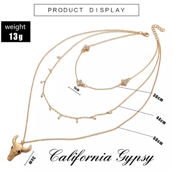 LAST ONE Western Bull skull Rhinestone Layered Necklace - Picture 2 of 5